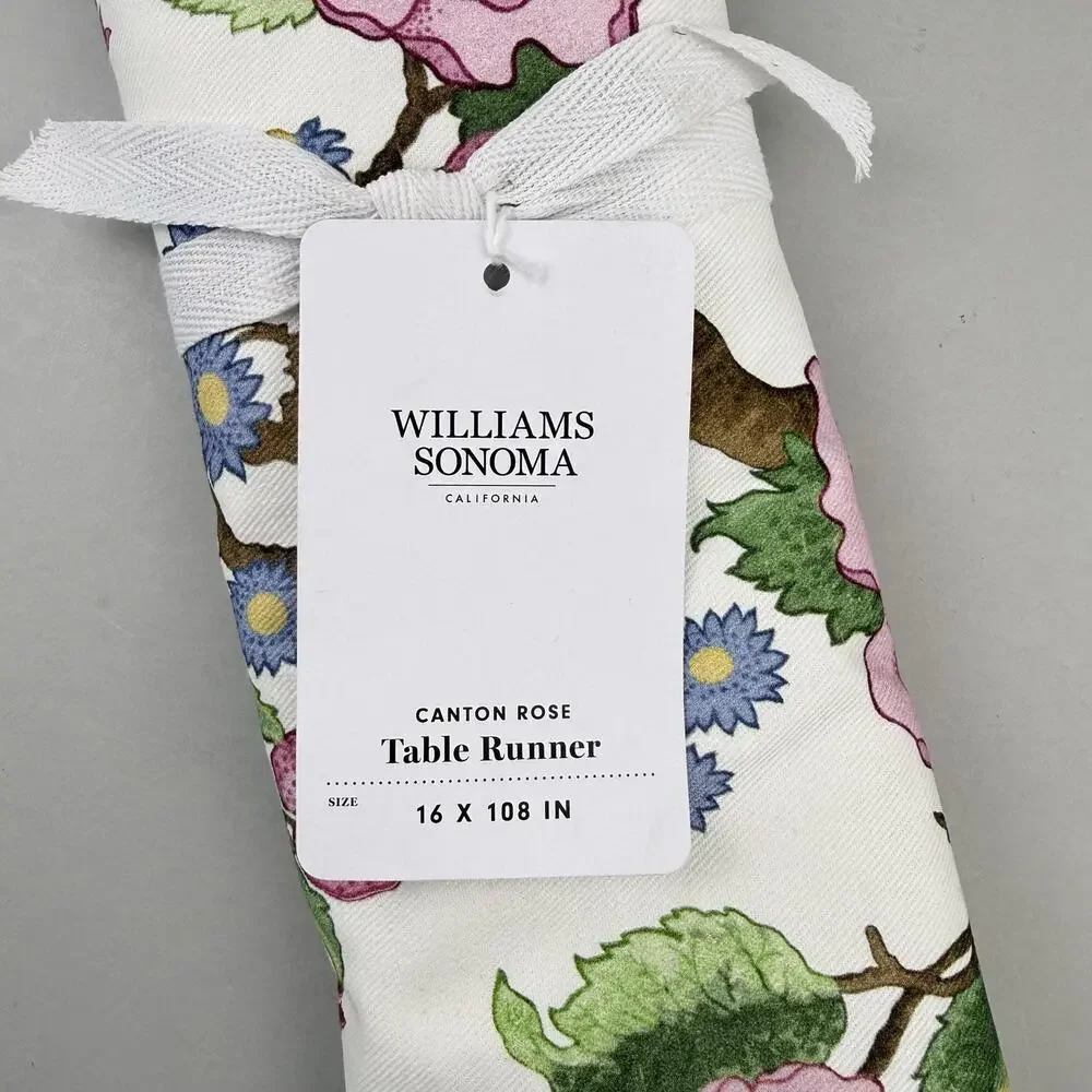 Williams Sonoma Canton Rose Table Runner 16x108 Floral Cotton Spring Decor NEW